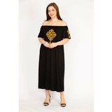 Şans Women's Black Plus Size Collar Elastic Shoulder And Front Embroidery Detailed Dress cene