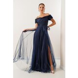 By Saygı Rope Straps Madonna Collar Front Slit Lined Tulle Long Dress