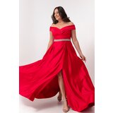 Lafaba Women's Red Boat Collar With Stones and Belt Plus Size Evening Dress. cene