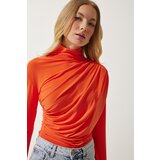  Women's Orange Gathered Detailed High Neck Sandy Blouse Cene