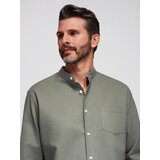 Ombre Men's linen shirt with stand-up collar and pocket REGULAR FIT - khaki | Shoptok.si