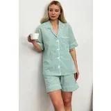 Trend Alaçatı Stili Women's Green Striped Connector Shorts Pajamas Suit