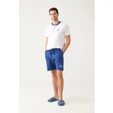 Avva Men's Indigo Buttoned Bomber Collar 100% Cotton Special Boxed Short Sleeve Shorts Pajamas Set