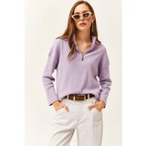 Olalook Women's Lilac Zipper High Neck Raised Sweater Cene
