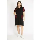 Şans Women's Black Plus Size Sleeve And Pockets Patterned Tulle Detailed V-Neck Dress