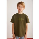 GRIMELANGE Rune Boy's 100% Cotton Short Sleeve Piece Printed Crew Neck Khaki T-shirt