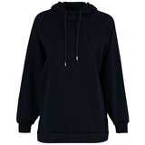 Trendyol Navy Blue Hooded Oversize Raised Knitted Sweatshirt Cene