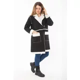 Şans Women's Plus Size Black Shearling Shepherd Button Nubuck Coat