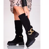 SHELOVET Black women's boots with chain made of ecological suede