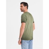 Ombre Men's cotton V-neck knit t-shirt with washed effect - olive | Shoptok.si