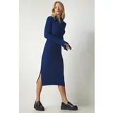 Happiness İstanbul Women's Dark Blue Polo Neck Ribbed Knitwear Dress