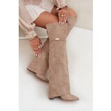 Boto Insulated boots with rolled-up shaft over the knee heel block beige Serelle | Shoptok.si