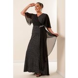 By Saygı Plus Size Glittery Long Dress With Chiffon Sleeves and Stone Accessories Lined Wide Size Range Saks. Cene