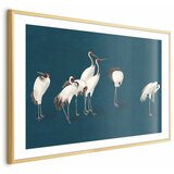  Plakat - Evening at the Pond - group of cranes drawn in dry pastel on a dark turquoise background 60x40 Zlatni okvir s margom | shoptok.hr