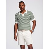 Ombre Men's knitted buttonless polo shirt with navy stripes - white and olive | Shoptok.si
