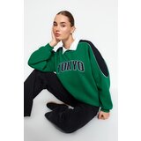 Trendyol Green Thick Fleece Inside Color Block Polo Collar Regular/Regular Knitted Sweatshirt Cene