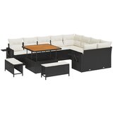 vidaXL set vrtnih zof s 12 kosi in blazinami črna poli ratan akacija, set vrtnarskih jedilnic s 3 kosi z blazinami črna poli ratan akacija | Shoptok.si