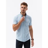 Ombre Men's knitted slim fit shirt with short sleeves and collar - blue