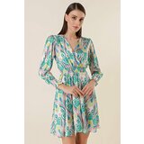 By Saygı Double-breasted Collar Lined Mixed Patterned Satin Dress Green Cene