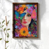 Wallxpert uramljena MDF slika NAL023-46, ženski portret među šarenim cvećem sa plavim leptirom, 35,5 x 47 cm Cene