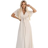 numoco basic 545-3 Long dress with pleated neckline and tie - beige | Shoptok.si