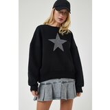 Happiness İstanbul Women's Black Star Embroidered Raised Knitted Sweatshirt cene