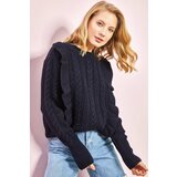 Bianco Lucci Women's Navy Blue Openwork Frilled Soft Sweater Cene