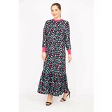 Şans Women's Black Plus Size Woven Viscose Fabric Long Dress With Ribbed Collar And Sleeves Cene