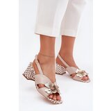 Laura Messi Leather Women's Heeled Sandals With Flowers Beige 2950 | Shoptok.si