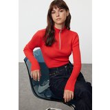 Trendyol Red Cotton Blend Zippered Stand Collar Thin Knit Sweater | Shoptok.si