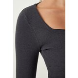  Women's Anthracite Square Collar Corded Knitted Blouse | Eponuda.ba