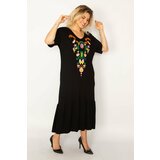 Şans Women's Plus Size Black Embroidery Detailed Skirt Tiered Side Pockets Pocket Dress Cene