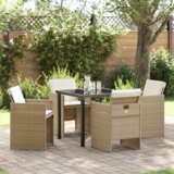 vidaXL 5-dijelni set za večeru u vrtu s jastučićima Bež Poli Ratan, vrtni stol Crna 80x80x73 cm kaljeno staklo | shoptok.hr