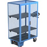 eurokraft pro nivojski voziček z električnim pogonom, dvokrilna vrata, 2 polici, dxšxv 1470 x 740 x 1800 mm, svetlo modre barve | Shoptok.si