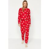Trendyol Red 100% Cotton Christmas Theme Tshirt-Pants and Knitted Pajamas Set Cene