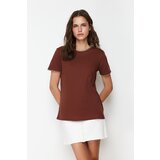 Trendyol Brown 100% Cotton Contrast Stitch Detail Basic Crew Neck Knitted T-Shirt Cene