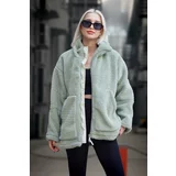 Madmext Mint Green High Collar Pocketed Plush Coat