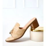  Beige block heel sandals with embellishment on strap Gariend Cene