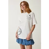 Happiness İstanbul Women's White Printed Oversize Knitted T-Shirt