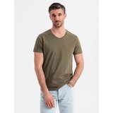 Ombre Men's BASIC classic cotton T-shirt with a serape neckline - dark olive | Shoptok.si