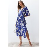Trendyol Blue Belted Floral Print A-line Double-breasted Collar Midi Woven Dress | shoptok.hr