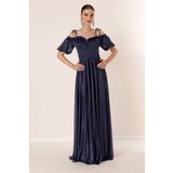 By Saygı Pleated Collar Balloon Sleeve Lined Glittery Long Dress | Shoptok.si