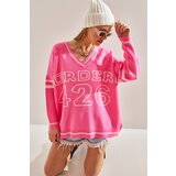 Bianco Lucci Women's V-Neck Text Printed Oversize Knitwear Sweater Cene