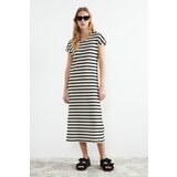 Trendyol White Striped Knitted Look Polo Neck Maxi Knitted Maxi Dress Cene