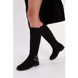 Shoeberry Women's Steele Black Suede Buckle Flat Heeled Boots Black Suede | shoptok.hr