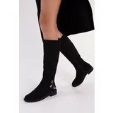 Shoeberry Women's Steele Black Suede Buckle Flat Heeled Boots Black Suede