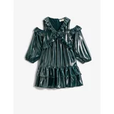Koton Shiny Frilly Maxi Length Dress Window Detail Long Sleeve