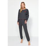 Trendyol Anthracite Embroidery and Stitching Detail Ribbed Tshirt-Jogger Knitted Pajamas Set. Cene'.'