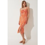 Women's Orange Floral Slit Knitted Dress | Shoptok.si