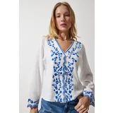 Happiness İstanbul Women's White V-Neck Embroidered Linen Blouse